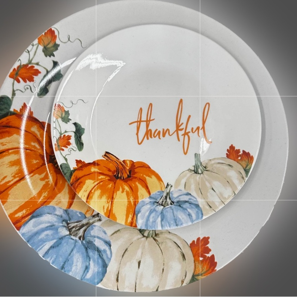 Thankful Pumpkin Dinnerware Set 2 dinner & 2 8” side plates new